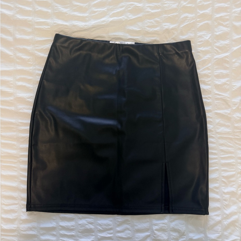 Black Faux Leather Mini Skirt with Front Slit